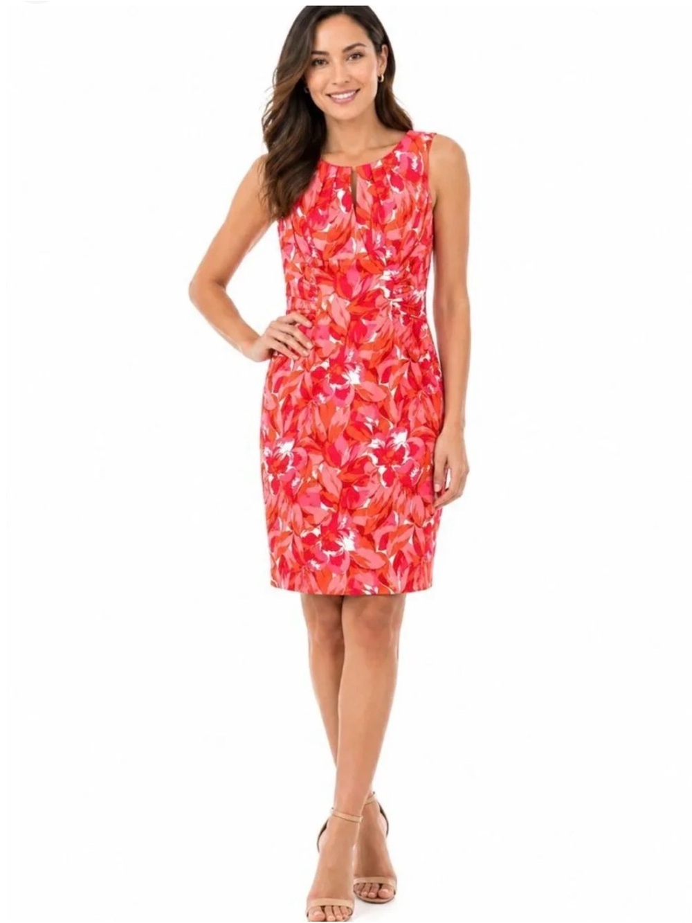 Adrianna Papell Coral Red Floral Sheath Dress